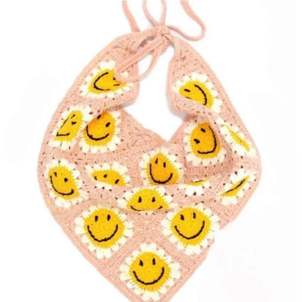 Crochet Triangle Smiley Face Headscarf Bandana in Pink, White & Yellow